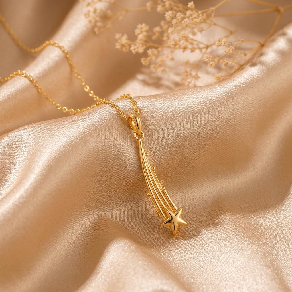 Falling Star Pendant | Gold Plated Sterling Silver | Celestial Theme Delicate Style | Wish & Dream Gift for Her
