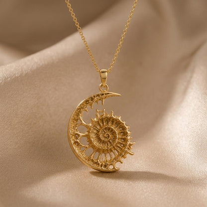 Lunar Fossil Crest Pendant | 925 Sterling Silver | Ammonite Crescent Design | Meaningful Keepsake Gift