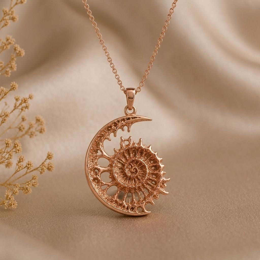 Lunar Fossil Crest Pendant | 925 Sterling Silver | Ammonite Crescent Design | Meaningful Keepsake Gift