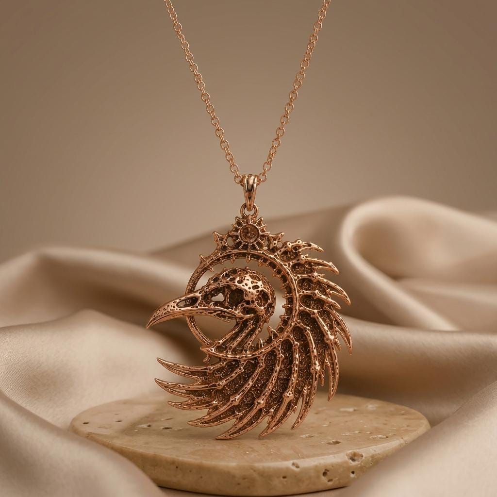 Fossil Raven Crest pendant | 925 Sterling Silver | Gothic Steampunk Style | Unique Statement Gift