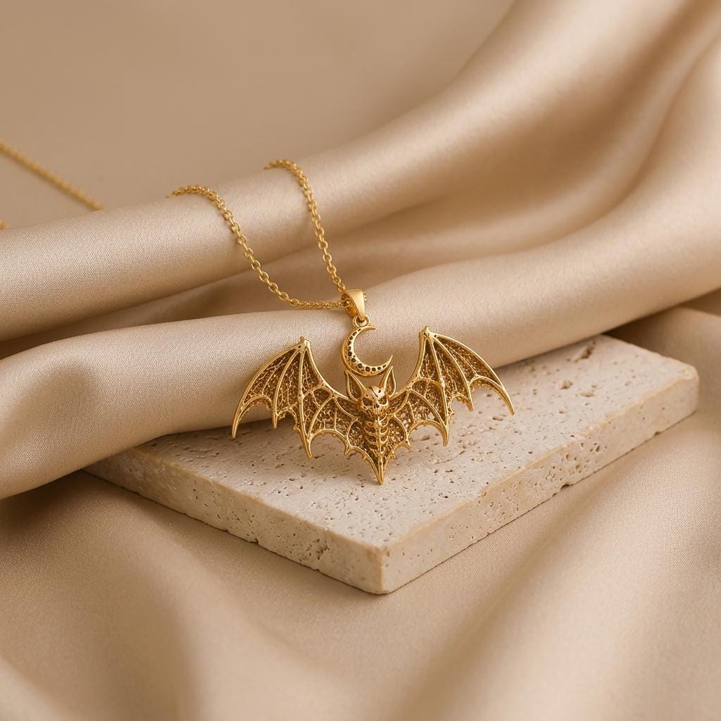 Lunar Bat Relic pendant | Gold Plated Sterling Silver | Gothic Celestial Theme | Unique Statement Gift