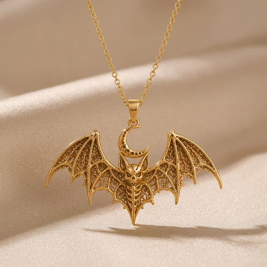 Lunar Bat Relic pendant | Gold Plated Sterling Silver | Gothic Celestial Theme | Unique Statement Gift
