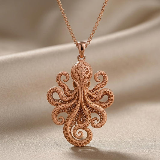 Rose Gold Plated Fossil Octopus Pendant front view with circular tentacle details on pale satin