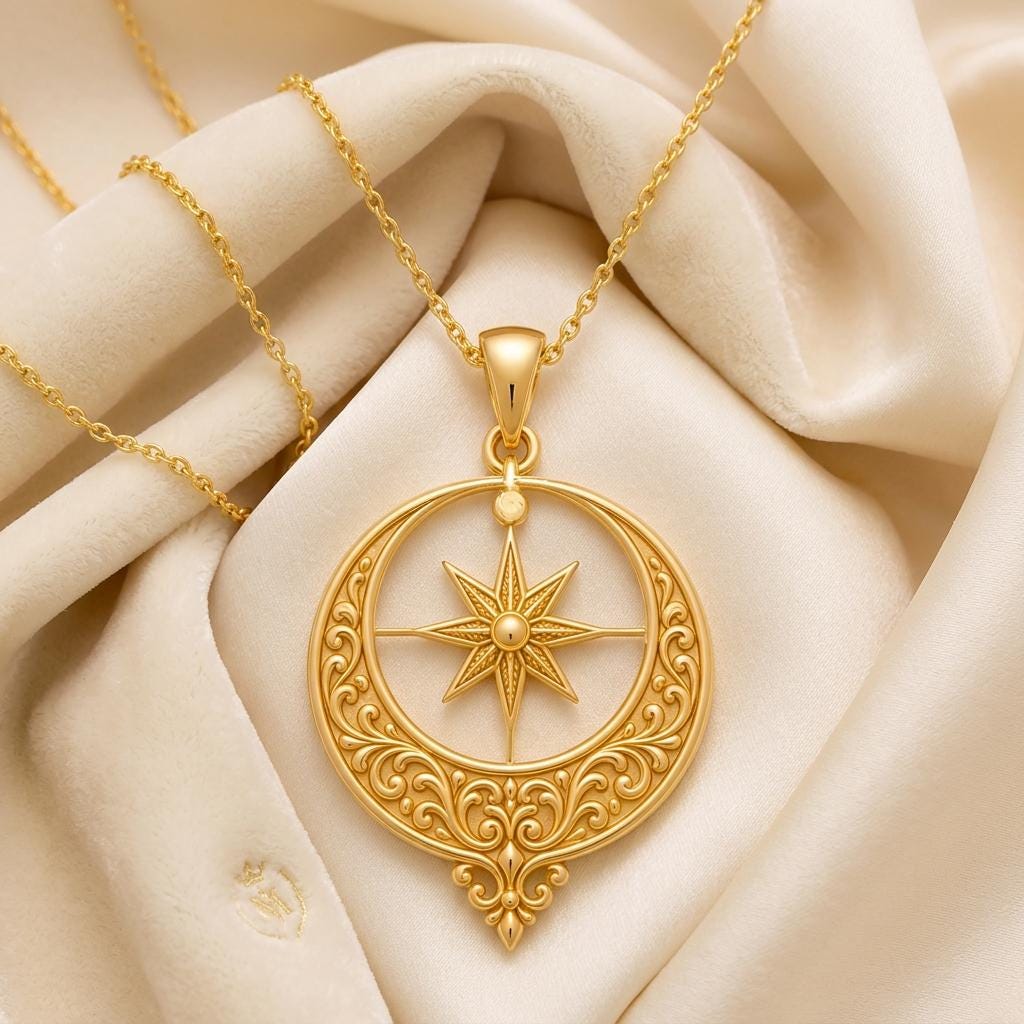 Ottoman Crescent Necklace | 925 Sterling Silver | Celestial Compass Design | Inspirational Guidance Gift