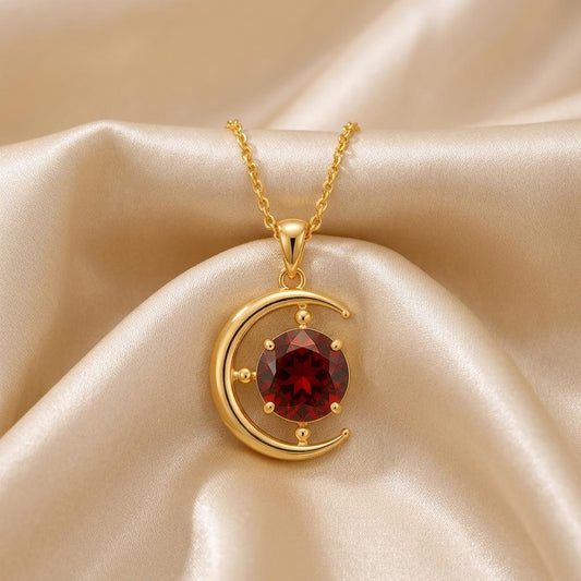 Lunar Eclipse Pendant | Sterling Silver Red Gemstone | Celestial Cosmic Design | Meaningful Gift for Her