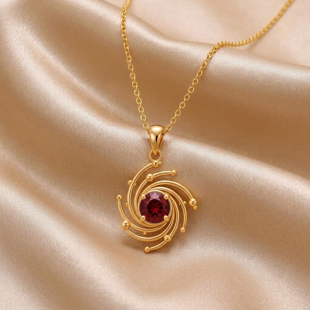 Spiral Galaxy Core Pendant | 925 Sterling Silver Red Gemstone | Celestial Galaxy Inspired Jewelry | Meaningful Gift for Her