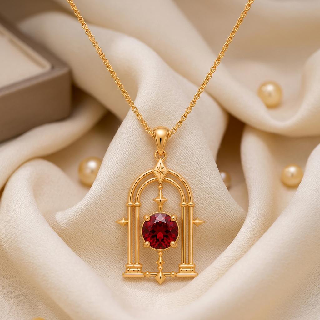 Mystic Portal Pendant | Sterling Silver & Red Gemstone | Mystical Archway - Star Theme | Thoughtful Gift for Loved Ones