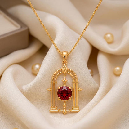 Mystic Portal Pendant | Sterling Silver & Red Gemstone | Mystical Archway - Star Theme | Thoughtful Gift for Loved Ones