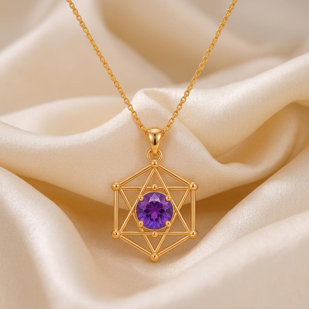 Sacred Geometry Gem Pendant | Gold Plated Silver Amethyst | Spiritual Geometric Design | Meaningful Protection Gift