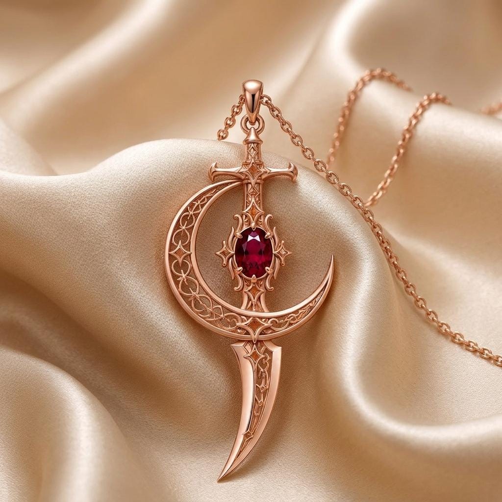 Moonblade Gem Pendant | 925 Sterling Silver | Fantasy Sword & Moon Theme | Gift for Fantasy Enthusiasts