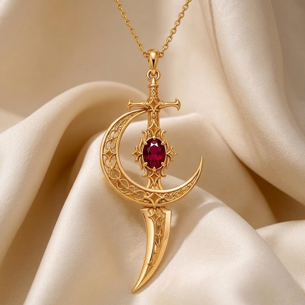 Moonblade Gem Pendant | 925 Sterling Silver | Fantasy Sword & Moon Theme | Gift for Fantasy Enthusiasts