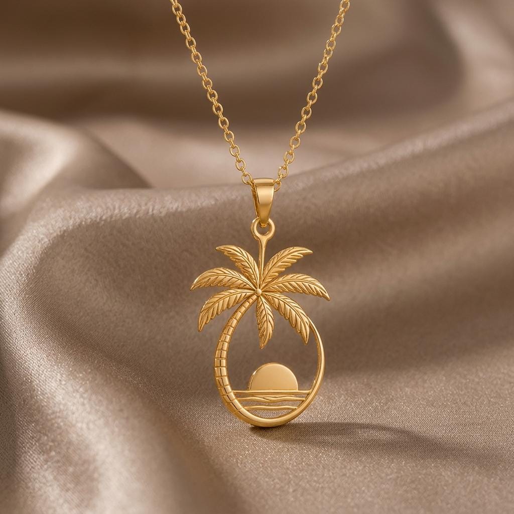 Palm Sunset Pendant | 925 Sterling Silver | Tropical Beach Theme | Vacation Keepsake Gift