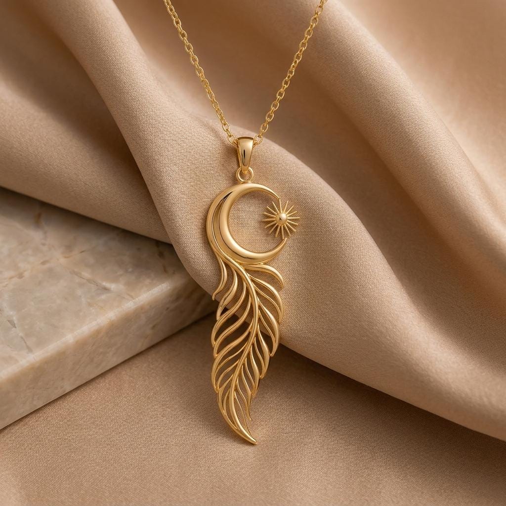 Eclipse Feather Necklace | Gold Plated Silver Jewelry | Celestial Nature Theme | Meaningful Gift for Her