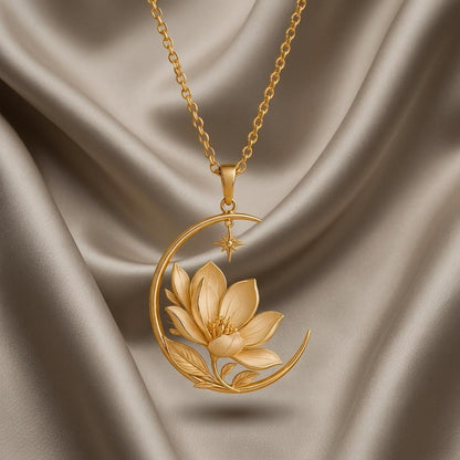 Royal Magnolia Crescent Necklace | 925 Sterling Silver | Celestial Floral Design | Thoughtful Gift for Her