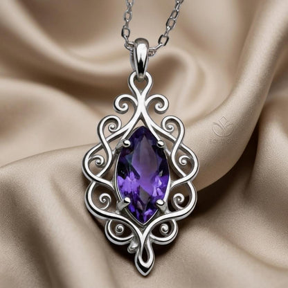 Ethereal Scroll Birthstone Necklace | Sterling Silver Birthstone | Ethereal Scrollwork Design | Meaningful Milestone Gift