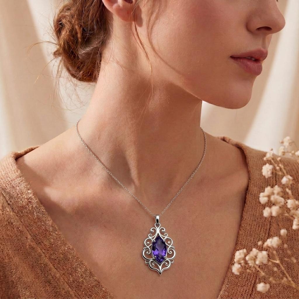 Baroque Amethyst Necklace | 925 Sterling Silver | Ornate Vintage Elegance | Thoughtful Special Occasion Gift