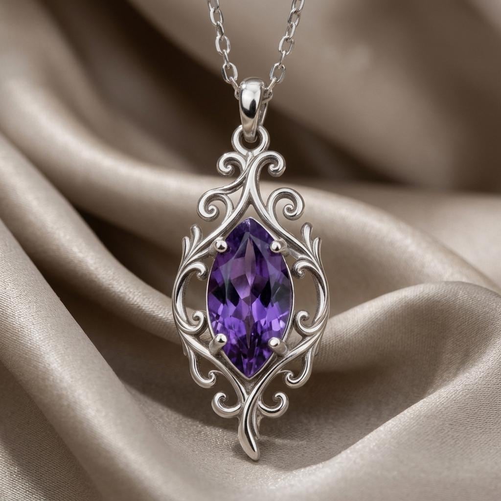 Victorian Leaf Birthstone Necklace | Amethyst - Sterling Silver | Victorian Scrollwork Design | Birthday & Anniversary Gift