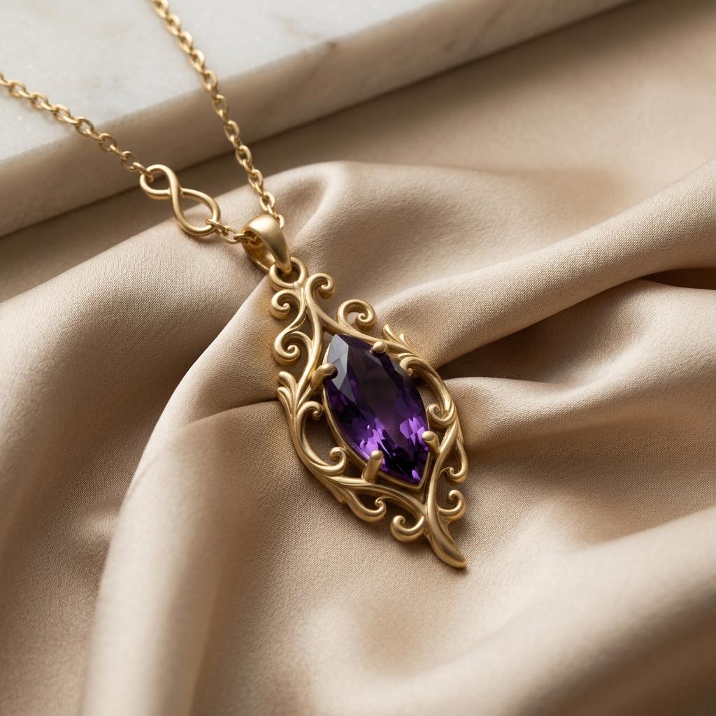 Victorian Leaf Birthstone Necklace | Amethyst - Sterling Silver | Victorian Scrollwork Design | Birthday & Anniversary Gift