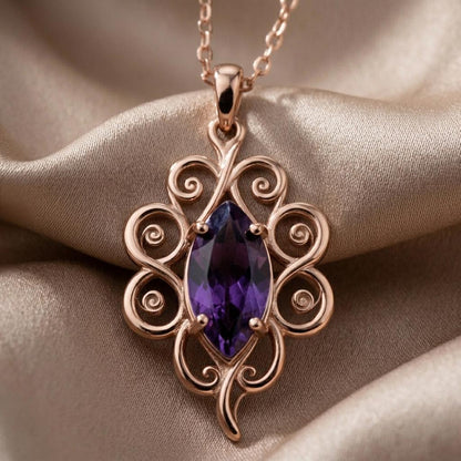 Moonvine Birthstone Necklace | 925 Silver Amethyst Birthstone | Nature Inspired Scrollwork Design | Birthday Anniversary Gift for Her
