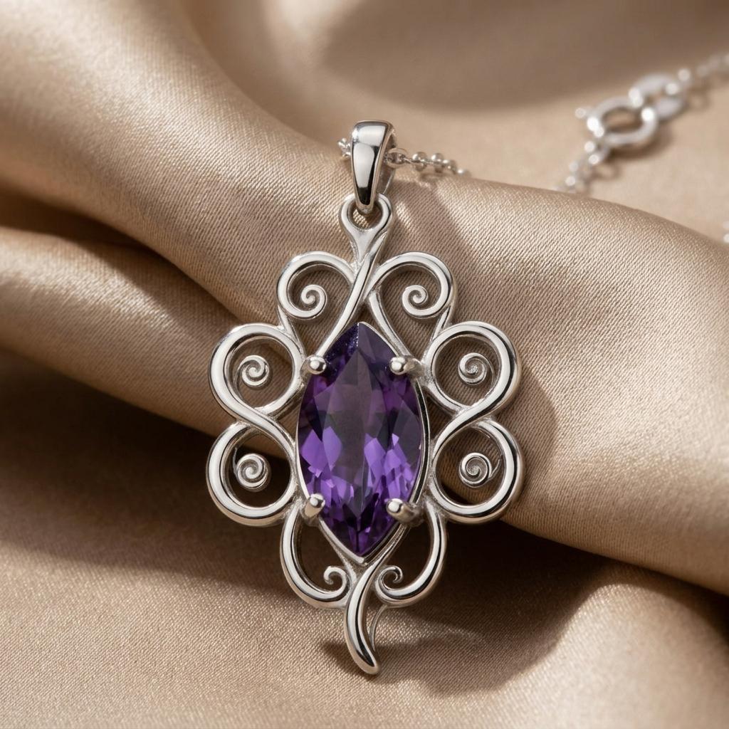 Moonvine Birthstone Necklace | 925 Silver Amethyst Birthstone | Nature Inspired Scrollwork Design | Birthday Anniversary Gift for Her