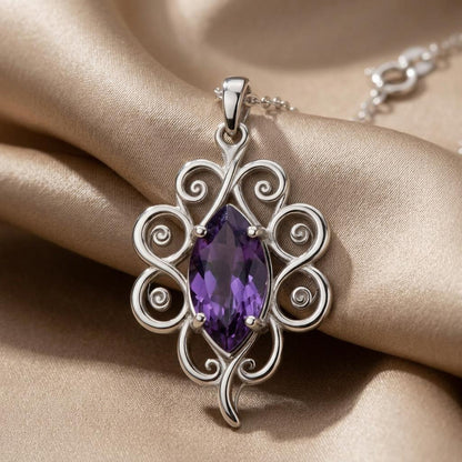 Moonvine Birthstone Necklace | 925 Silver Amethyst Birthstone | Nature Inspired Scrollwork Design | Birthday Anniversary Gift for Her