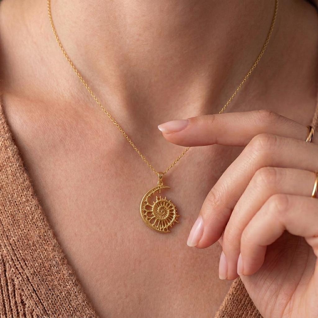 Lunar Fossil Crest Pendant | 925 Sterling Silver | Ammonite Crescent Design | Meaningful Keepsake Gift