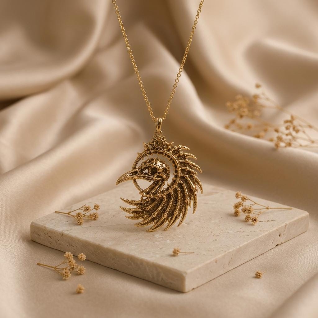 Fossil Raven Crest pendant | 925 Sterling Silver | Gothic Steampunk Style | Unique Statement Gift