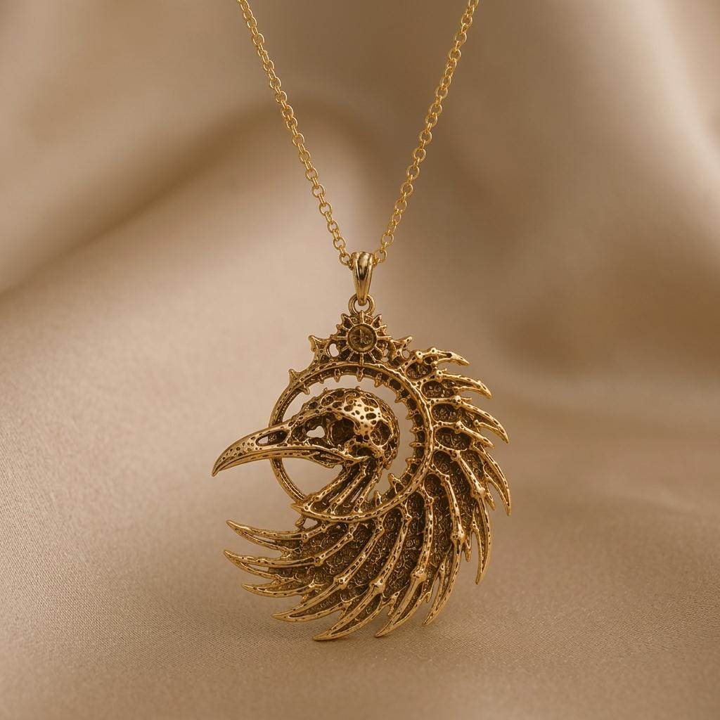 Fossil Raven Crest pendant | 925 Sterling Silver | Gothic Steampunk Style | Unique Statement Gift