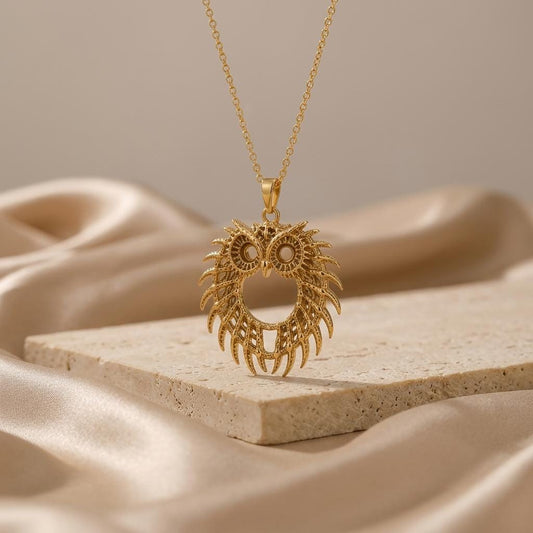 Close-up of handmade Fossil Owl Halo pendant | 925 Sterling Silver | Nature Inspired | Meaningful Gift