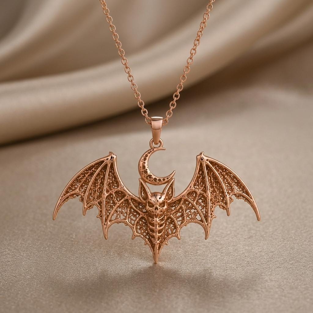 Lunar Bat Relic pendant | Gold Plated Sterling Silver | Gothic Celestial Theme | Unique Statement Gift