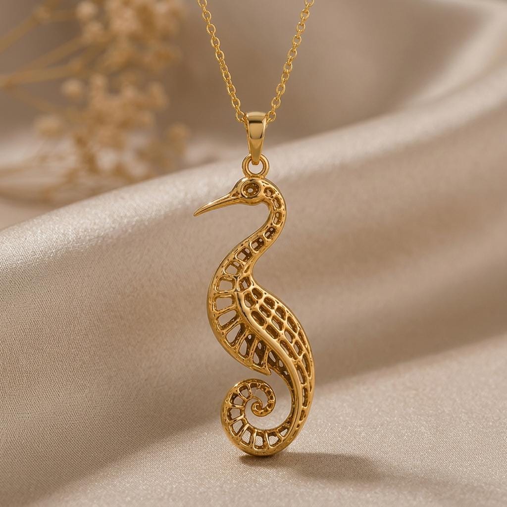 Fossil Crane Pendant | Sterling Silver Necklace | Filigree Bird Design | Symbolic Nature Gift