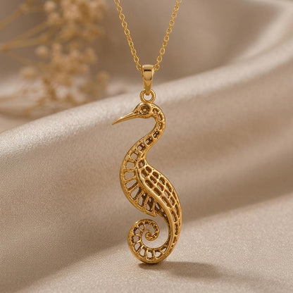 Fossil Crane Pendant | Sterling Silver Necklace | Filigree Bird Design | Symbolic Nature Gift
