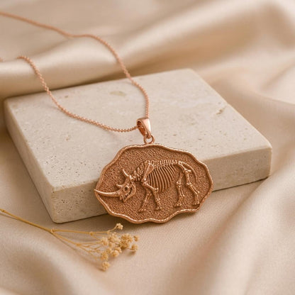 Woolly Rhinoceros Fossil Pendant Necklace | Gold Plated Sterling Silver | Prehistoric Fossil Theme | Unique Science Lover Gift