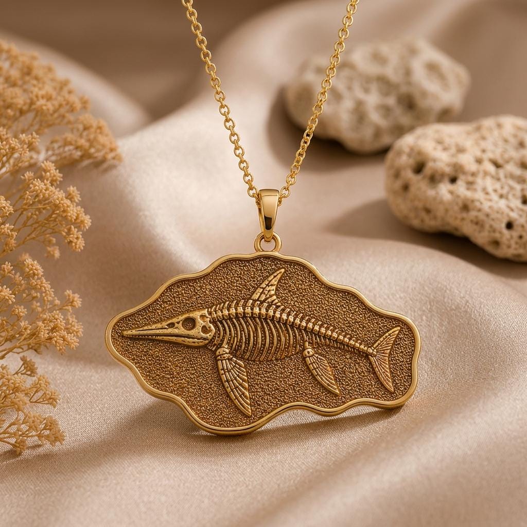 Ichthyosaurus Fossil Pendant Necklace | 925 Sterling Silver | Paleontology Inspired | Unique Science Gift