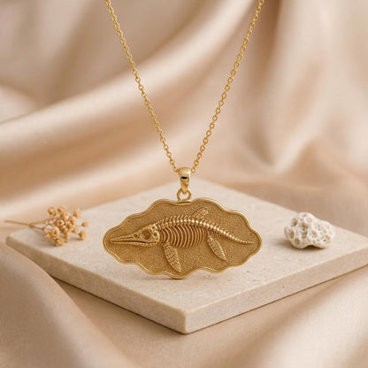 Ophthalmosaurus Fossil Pendant Necklace | Gold Plated Silver | Fossil Skeleton Design | Paleontology Lover Gift
