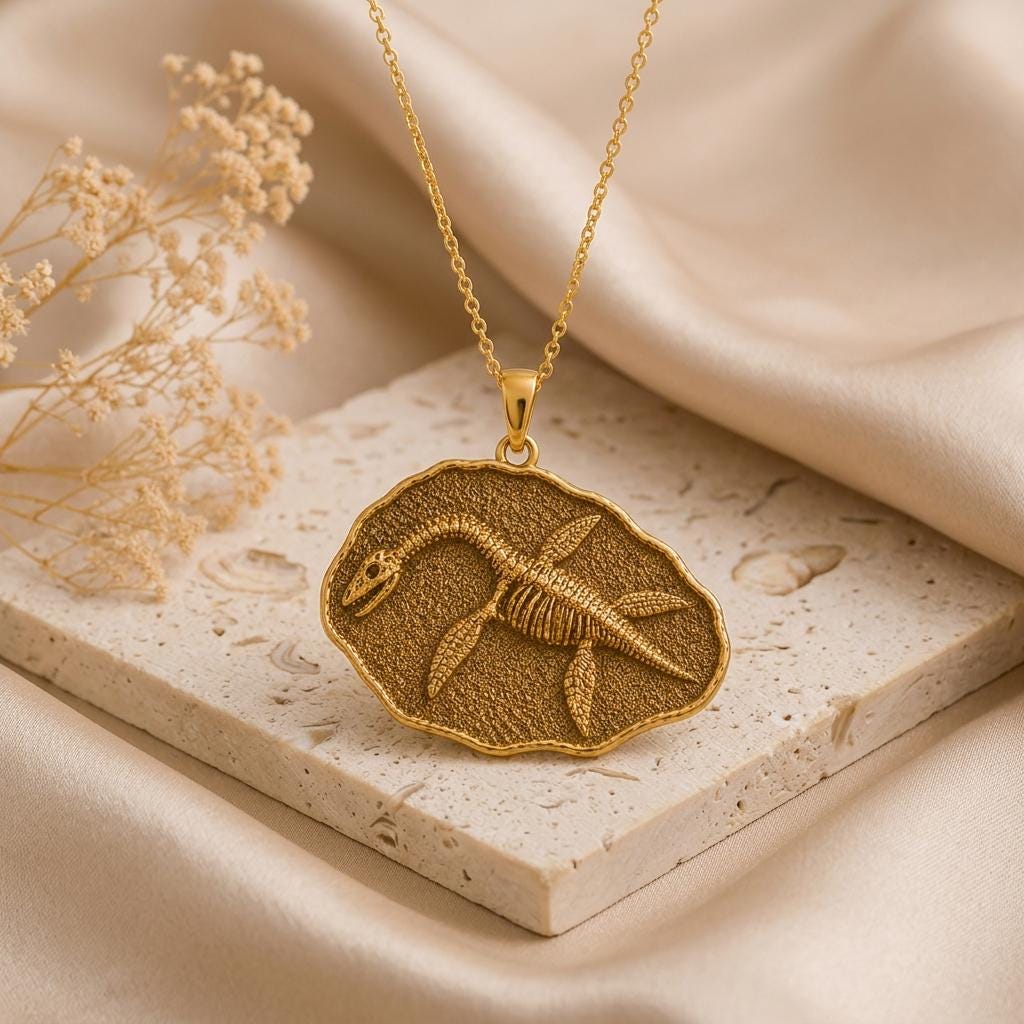 Plesiosaurus Fossil Pendant Necklace | 925 Sterling Silver | Prehistoric Fossil Theme | Unique Science Lover Gift