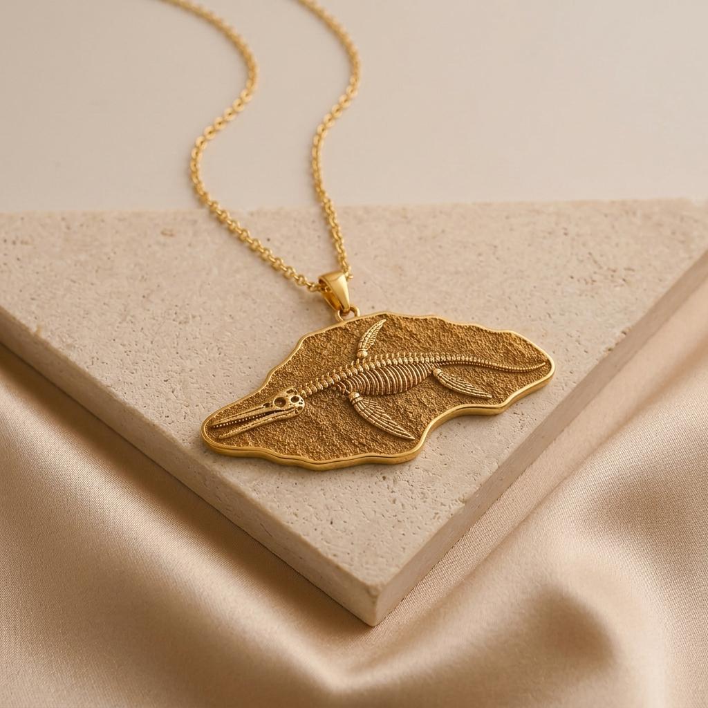 Shonisaurus Fossil Pendant | Gold Plated Silver | Ancient Marine Life Theme | Unique Science Gift
