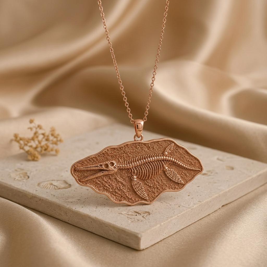 Kronosaurus Fossil Pendant Necklace | Gold Plated Sterling Silver | Ancient Marine Life Theme | Unique Statement Gift