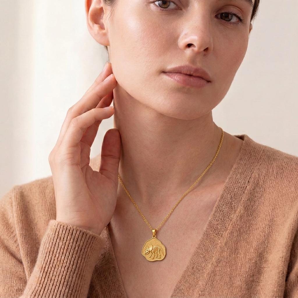 Triceratops Fossil Pendant | Gold Plated 925 Sterling Silver | Prehistoric Dinosaur Theme | For Paleontology Enthusiasts