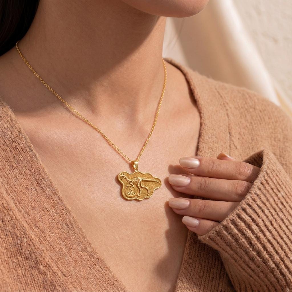 Oviraptor Fossil Pendant Necklace | 925 Sterling Silver Gold Plated | Paleontology Inspired Design | Gift for Science Enthusiasts