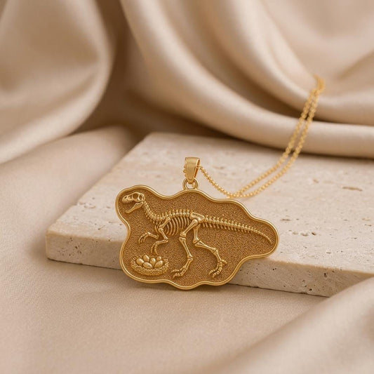 Oviraptor Fossil Pendant Necklace | 925 Sterling Silver Gold Plated | Paleontology Inspired Design | Gift for Science Enthusiasts