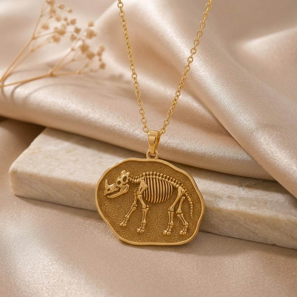 Uintatherium Fossil Pendant | Gold Plated Sterling Silver | Prehistoric Fossil Theme | Science Lover Gift
