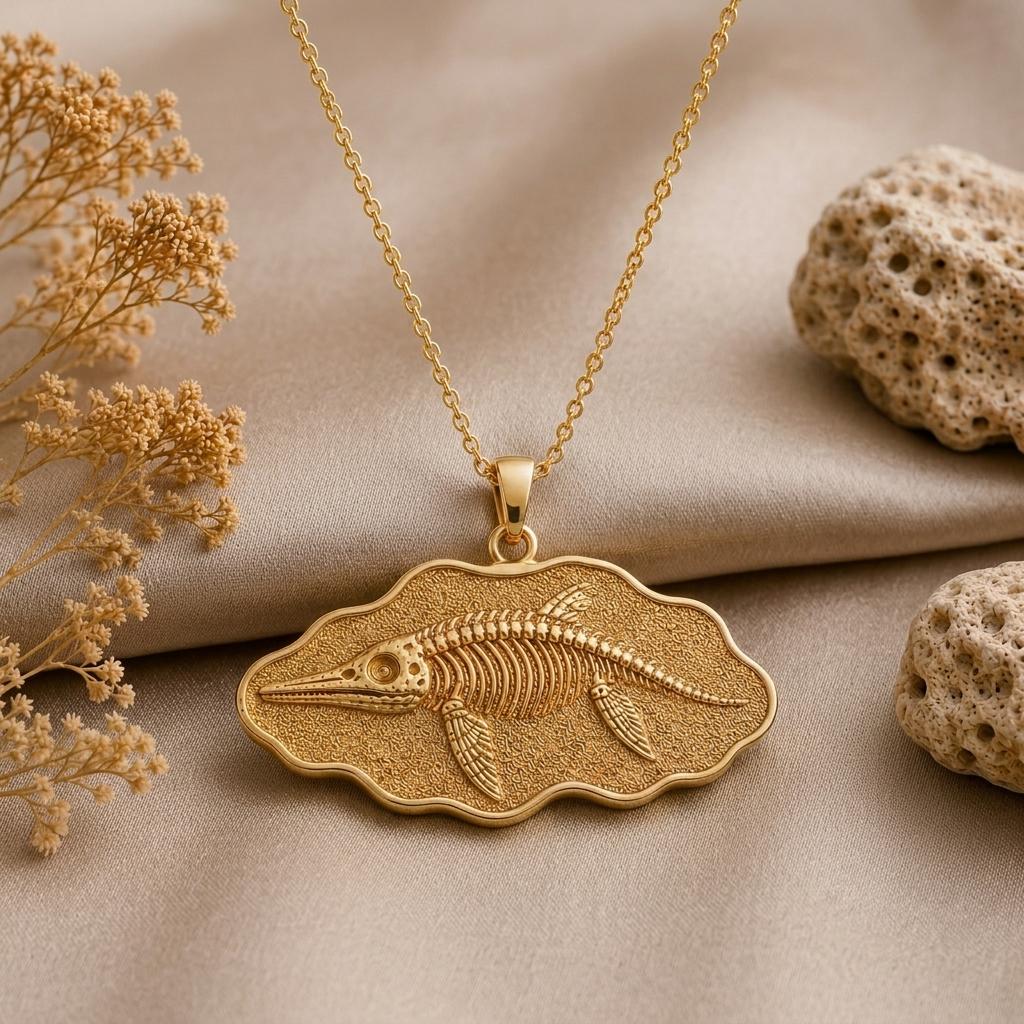 Ophthalmosaurus Fossil Pendant Necklace | Gold Plated Silver | Fossil Skeleton Design | Paleontology Lover Gift