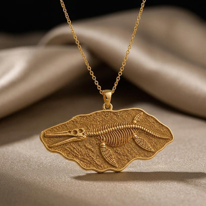 Kronosaurus Fossil Pendant Necklace | Gold Plated Sterling Silver | Ancient Marine Life Theme | Unique Statement Gift
