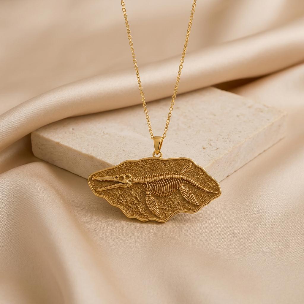 Kronosaurus Fossil Pendant Necklace | Gold Plated Sterling Silver | Ancient Marine Life Theme | Unique Statement Gift