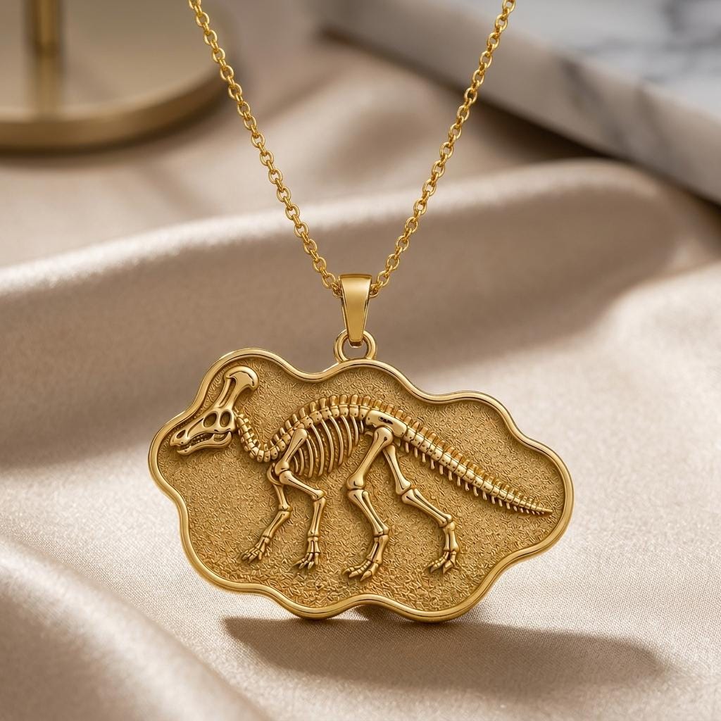 Corythosaurus Fossil Pendant | Gold Plated Silver | Paleontology Theme | Unique Gift
