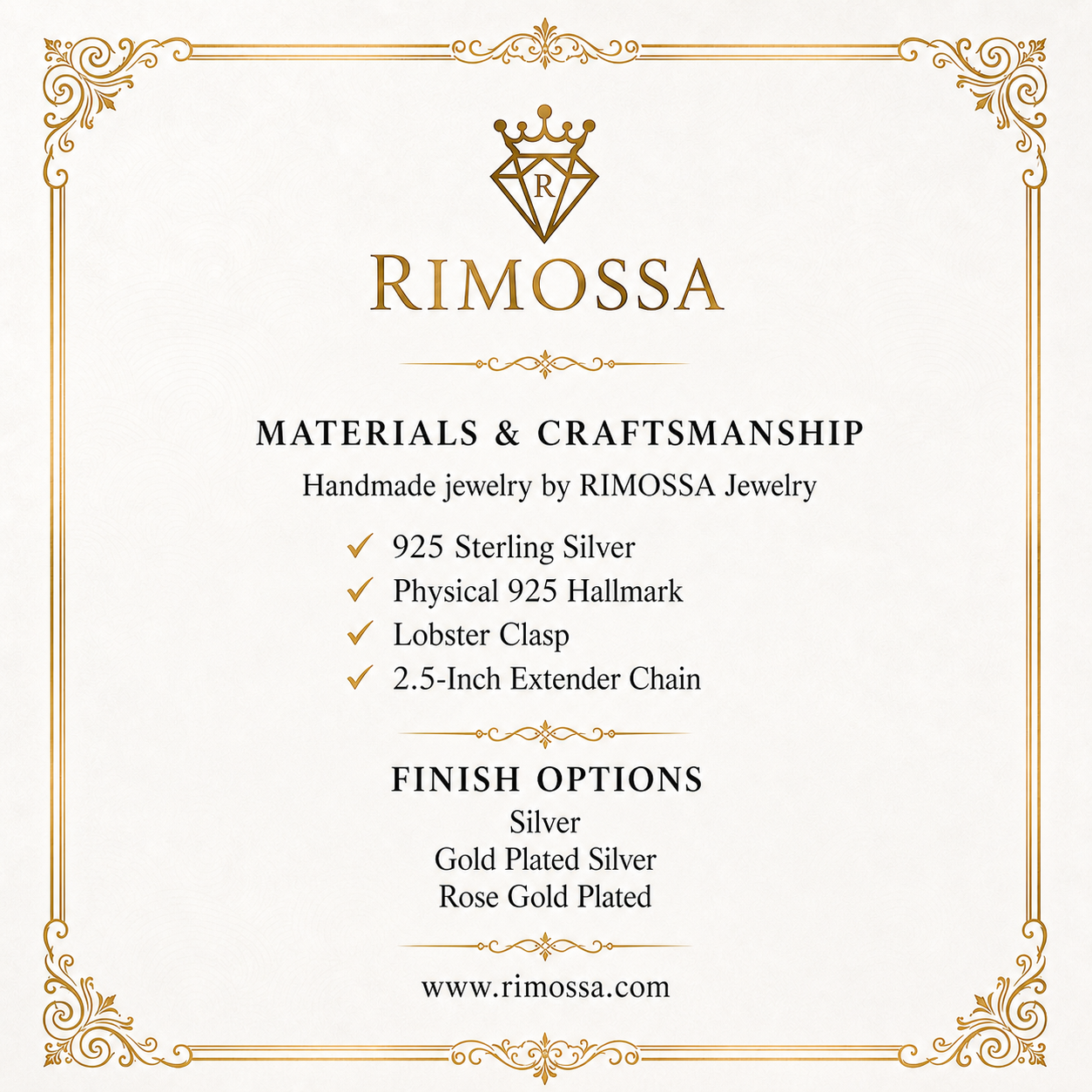 RIMOSSA Jewelry materials and craftsmanship card for 925 sterling silver jewelry