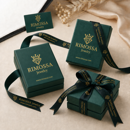 RIMOSSA Jewelry closed green gift boxes with branded ribbon
